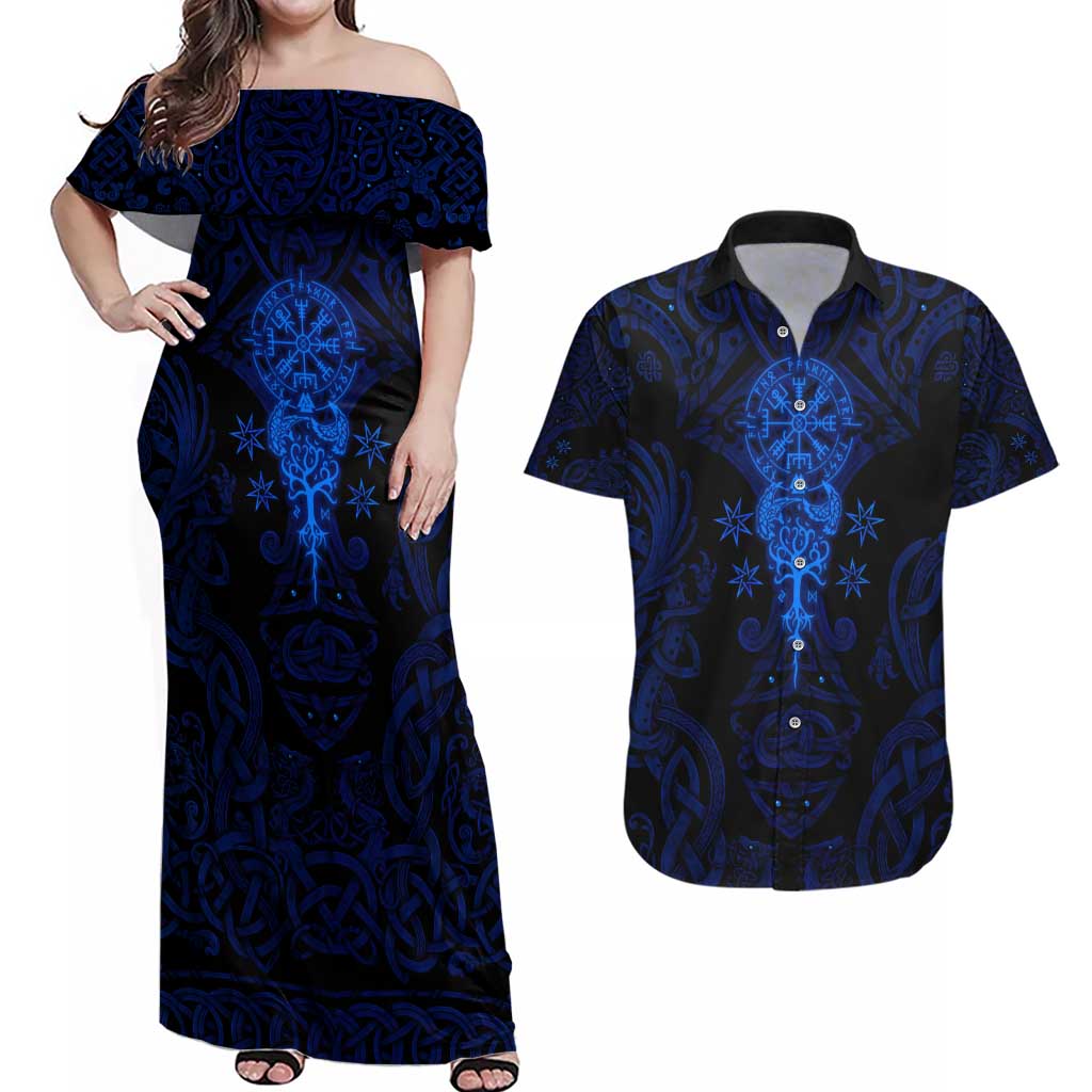 Vikings Skull Couples Matching Off Shoulder Maxi Dress and Hawaiian Shirt with Horned Helmet, Blue Axes and Runes Norse Warrior Tribute - Wonder Print Shop