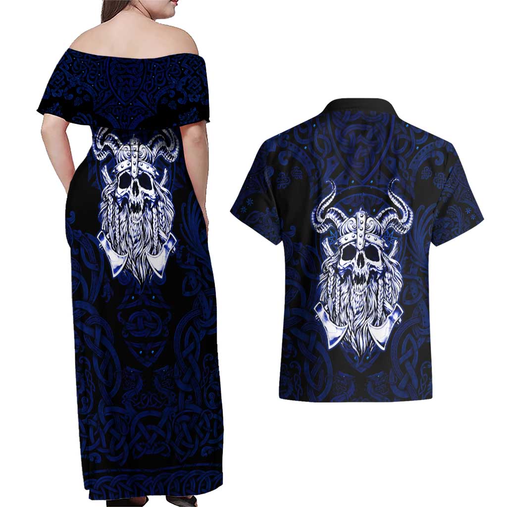 Vikings Skull Couples Matching Off Shoulder Maxi Dress and Hawaiian Shirt with Horned Helmet, Blue Axes and Runes Norse Warrior Tribute - Wonder Print Shop