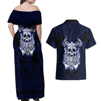 Vikings Skull Couples Matching Off Shoulder Maxi Dress and Hawaiian Shirt with Horned Helmet, Blue Axes and Runes Norse Warrior Tribute - Wonder Print Shop