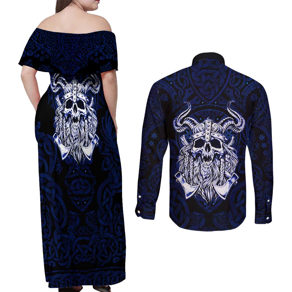 Vikings Skull Couples Matching Off Shoulder Maxi Dress and Long Sleeve Button Shirt with Horned Helmet, Blue Axes and Runes Norse Warrior Tribute - Wonder Print Shop