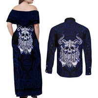 Vikings Skull Couples Matching Off Shoulder Maxi Dress and Long Sleeve Button Shirt with Horned Helmet, Blue Axes and Runes Norse Warrior Tribute - Wonder Print Shop