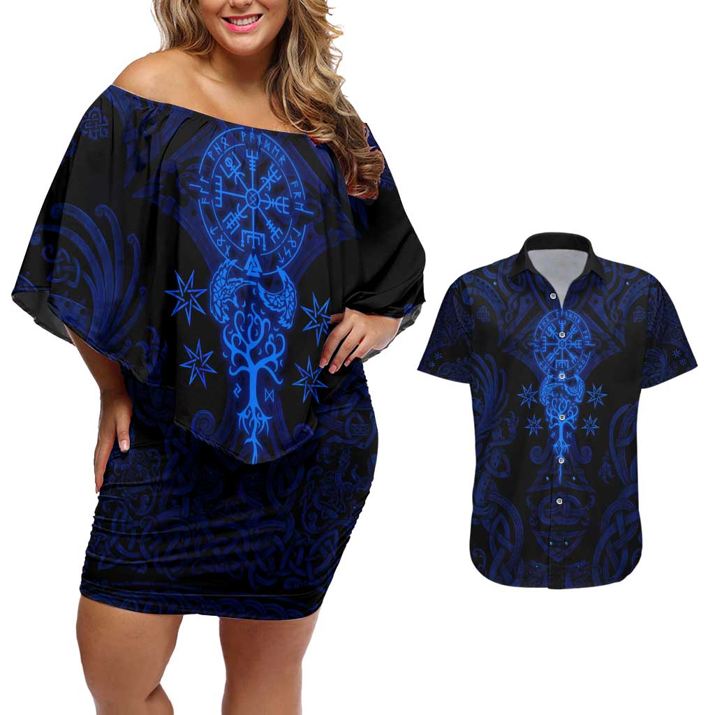 Vikings Skull Couples Matching Off Shoulder Short Dress and Hawaiian Shirt with Horned Helmet, Blue Axes and Runes Norse Warrior Tribute - Wonder Print Shop