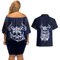 Vikings Skull Couples Matching Off Shoulder Short Dress and Hawaiian Shirt with Horned Helmet, Blue Axes and Runes Norse Warrior Tribute - Wonder Print Shop