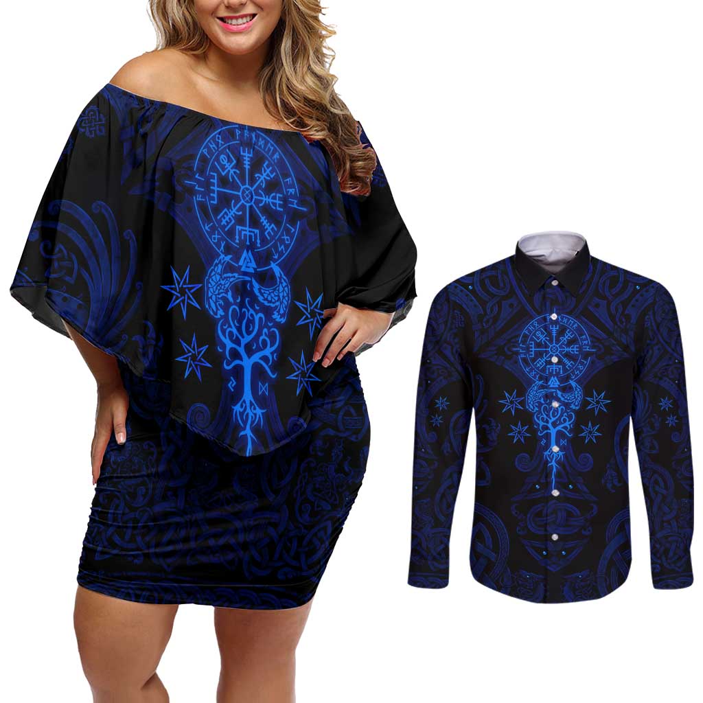 Vikings Skull Couples Matching Off Shoulder Short Dress and Long Sleeve Button Shirt with Horned Helmet, Blue Axes and Runes Norse Warrior Tribute - Wonder Print Shop