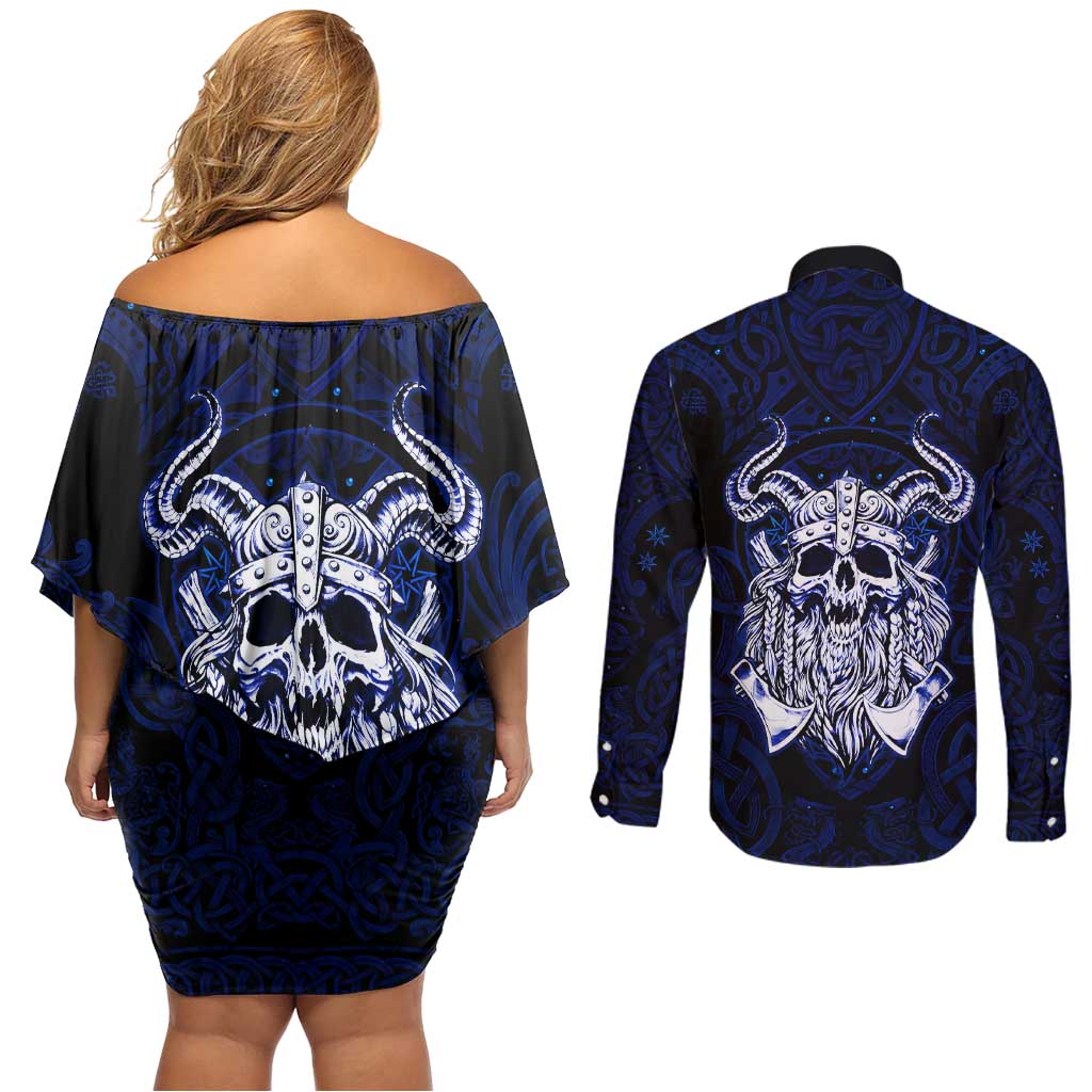 Vikings Skull Couples Matching Off Shoulder Short Dress and Long Sleeve Button Shirt with Horned Helmet, Blue Axes and Runes Norse Warrior Tribute - Wonder Print Shop