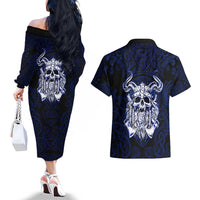 Vikings Skull Couples Matching Off The Shoulder Long Sleeve Dress and Hawaiian Shirt with Horned Helmet, Blue Axes and Runes Norse Warrior Tribute - Wonder Print Shop