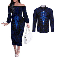 Vikings Skull Couples Matching Off The Shoulder Long Sleeve Dress and Long Sleeve Button Shirt with Horned Helmet, Blue Axes and Runes Norse Warrior Tribute - Wonder Print Shop