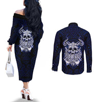 Vikings Skull Couples Matching Off The Shoulder Long Sleeve Dress and Long Sleeve Button Shirt with Horned Helmet, Blue Axes and Runes Norse Warrior Tribute - Wonder Print Shop
