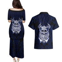 Vikings Skull Couples Matching Puletasi and Hawaiian Shirt with Horned Helmet, Blue Axes and Runes Norse Warrior Tribute - Wonder Print Shop