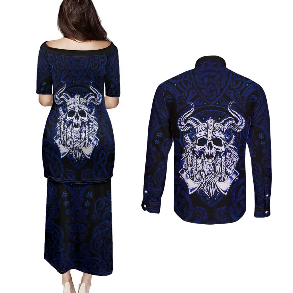 Vikings Skull Couples Matching Puletasi and Long Sleeve Button Shirt with Horned Helmet, Blue Axes and Runes Norse Warrior Tribute - Wonder Print Shop