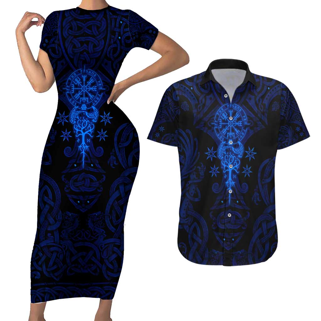Vikings Skull Couples Matching Short Sleeve Bodycon Dress and Hawaiian Shirt with Horned Helmet, Blue Axes and Runes Norse Warrior Tribute - Wonder Print Shop