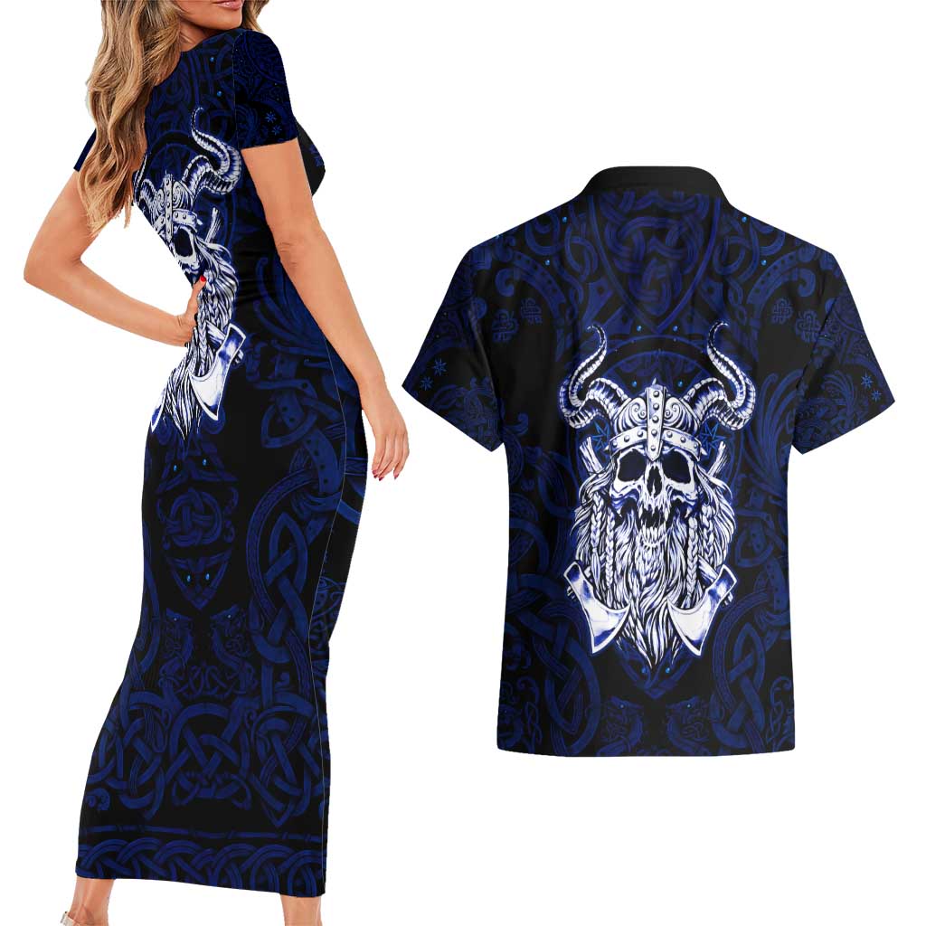 Vikings Skull Couples Matching Short Sleeve Bodycon Dress and Hawaiian Shirt with Horned Helmet, Blue Axes and Runes Norse Warrior Tribute - Wonder Print Shop