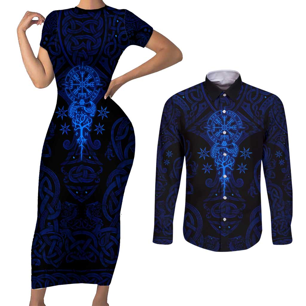 Vikings Skull Couples Matching Short Sleeve Bodycon Dress and Long Sleeve Button Shirt with Horned Helmet, Blue Axes and Runes Norse Warrior Tribute - Wonder Print Shop