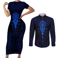 Vikings Skull Couples Matching Short Sleeve Bodycon Dress and Long Sleeve Button Shirt with Horned Helmet, Blue Axes and Runes Norse Warrior Tribute - Wonder Print Shop