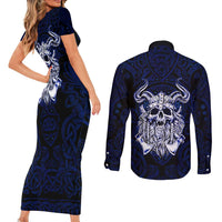Vikings Skull Couples Matching Short Sleeve Bodycon Dress and Long Sleeve Button Shirt with Horned Helmet, Blue Axes and Runes Norse Warrior Tribute - Wonder Print Shop