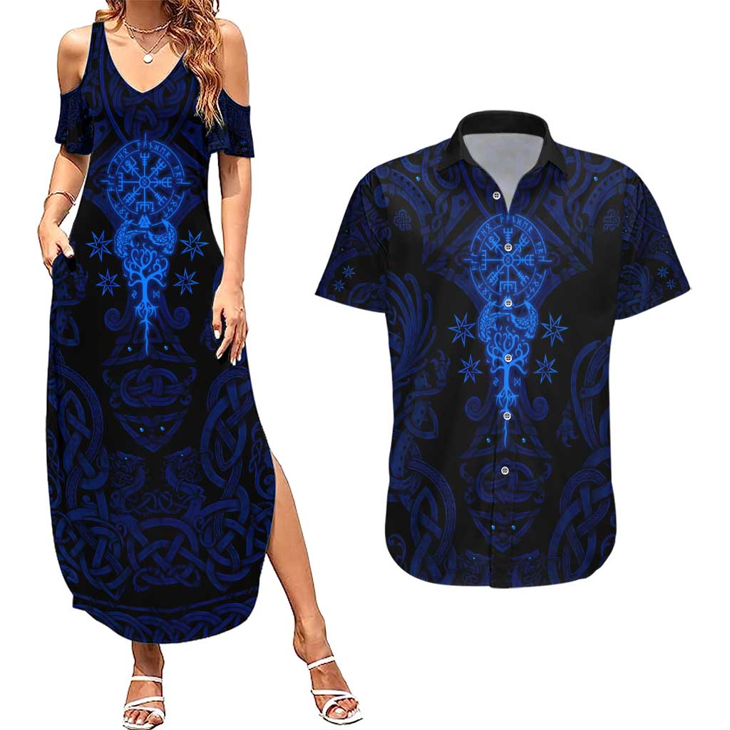 Vikings Skull Couples Matching Summer Maxi Dress and Hawaiian Shirt with Horned Helmet, Blue Axes and Runes Norse Warrior Tribute - Wonder Print Shop