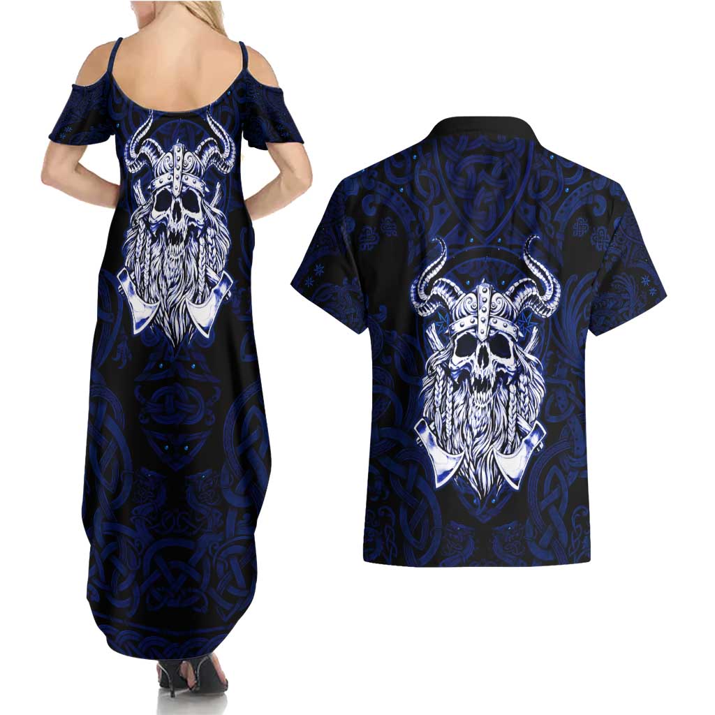 Vikings Skull Couples Matching Summer Maxi Dress and Hawaiian Shirt with Horned Helmet, Blue Axes and Runes Norse Warrior Tribute - Wonder Print Shop