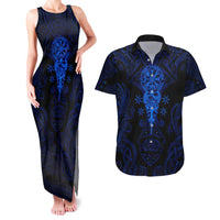Vikings Skull Couples Matching Tank Maxi Dress and Hawaiian Shirt with Horned Helmet, Blue Axes and Runes Norse Warrior Tribute - Wonder Print Shop