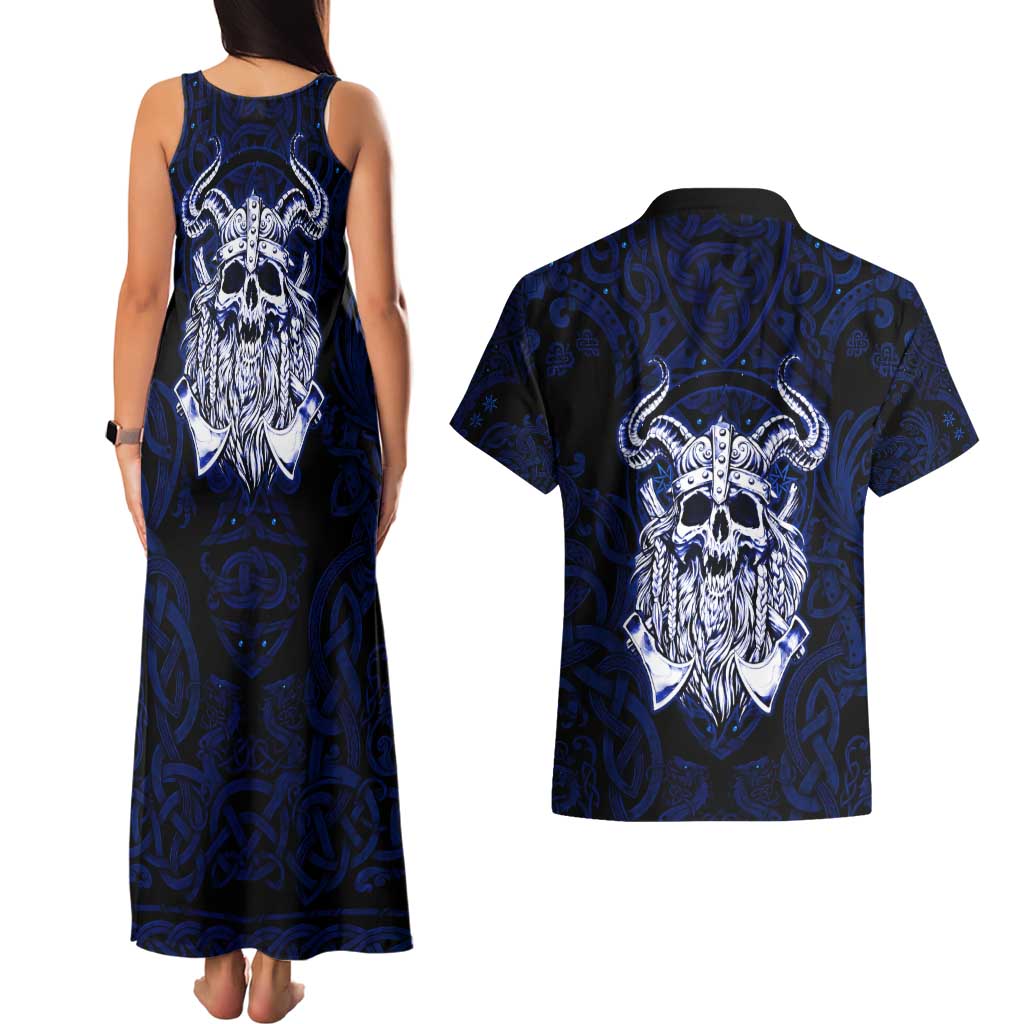 Vikings Skull Couples Matching Tank Maxi Dress and Hawaiian Shirt with Horned Helmet, Blue Axes and Runes Norse Warrior Tribute - Wonder Print Shop
