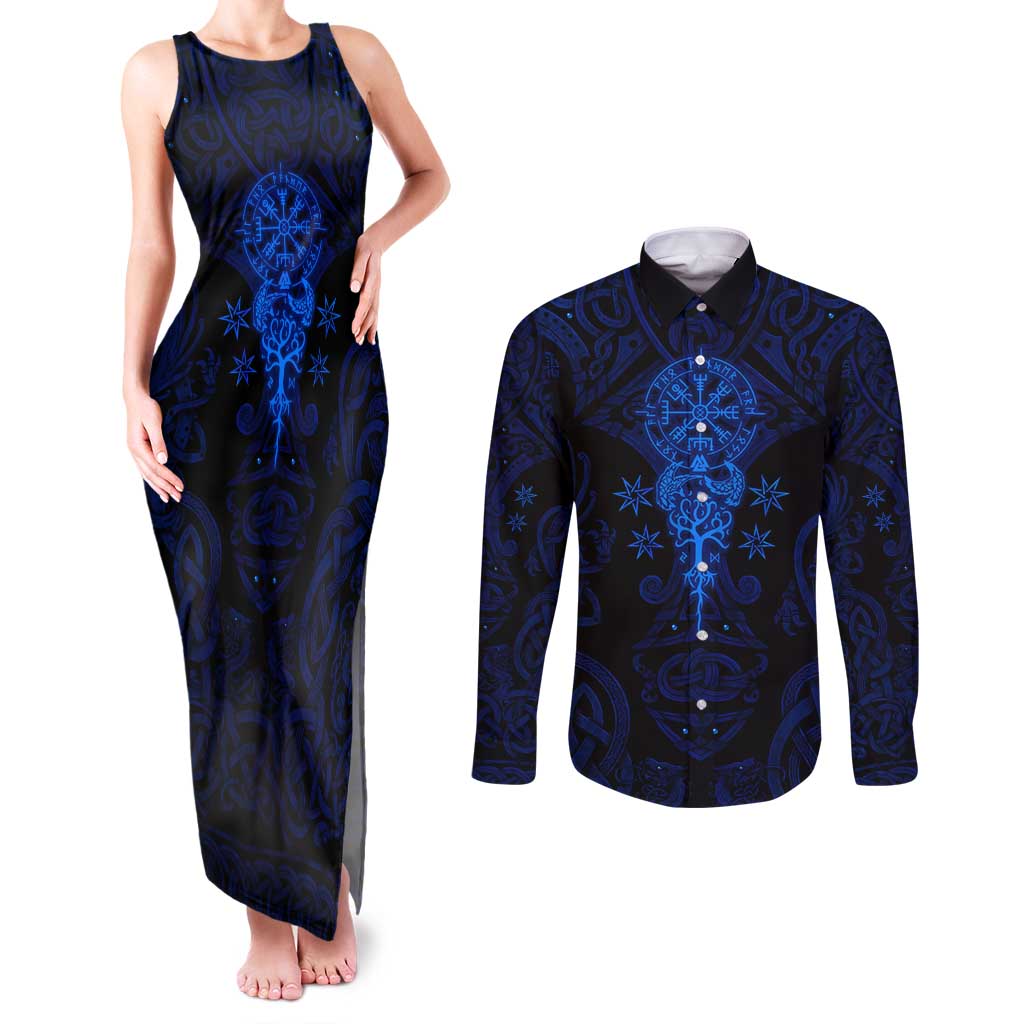 Vikings Skull Couples Matching Tank Maxi Dress and Long Sleeve Button Shirt with Horned Helmet, Blue Axes and Runes Norse Warrior Tribute - Wonder Print Shop