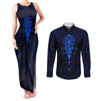 Vikings Skull Couples Matching Tank Maxi Dress and Long Sleeve Button Shirt with Horned Helmet, Blue Axes and Runes Norse Warrior Tribute - Wonder Print Shop
