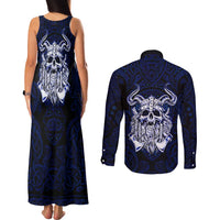Vikings Skull Couples Matching Tank Maxi Dress and Long Sleeve Button Shirt with Horned Helmet, Blue Axes and Runes Norse Warrior Tribute - Wonder Print Shop