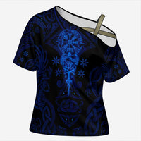 Vikings Skull Cross Shoulder Shirt with Horned Helmet, Blue Axes and Runes Norse Warrior Tribute - Wonder Print Shop