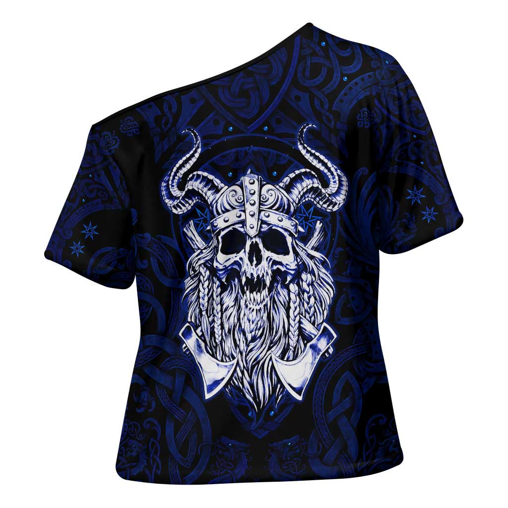 Vikings Skull Cross Shoulder Shirt with Horned Helmet, Blue Axes and Runes Norse Warrior Tribute - Wonder Print Shop