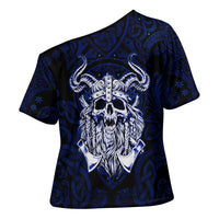 Vikings Skull Cross Shoulder Shirt with Horned Helmet, Blue Axes and Runes Norse Warrior Tribute - Wonder Print Shop