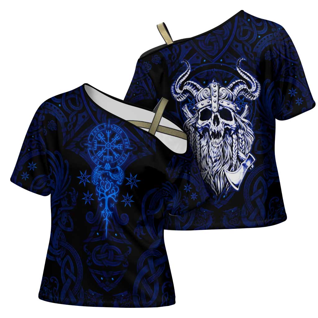 Vikings Skull Cross Shoulder Shirt with Horned Helmet, Blue Axes and Runes Norse Warrior Tribute - Wonder Print Shop