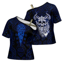 Vikings Skull Cross Shoulder Shirt with Horned Helmet, Blue Axes and Runes Norse Warrior Tribute - Wonder Print Shop