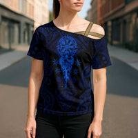 Vikings Skull Cross Shoulder Shirt with Horned Helmet, Blue Axes and Runes Norse Warrior Tribute - Wonder Print Shop