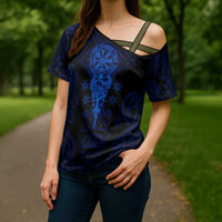 Vikings Skull Cross Shoulder Shirt with Horned Helmet, Blue Axes and Runes Norse Warrior Tribute - Wonder Print Shop