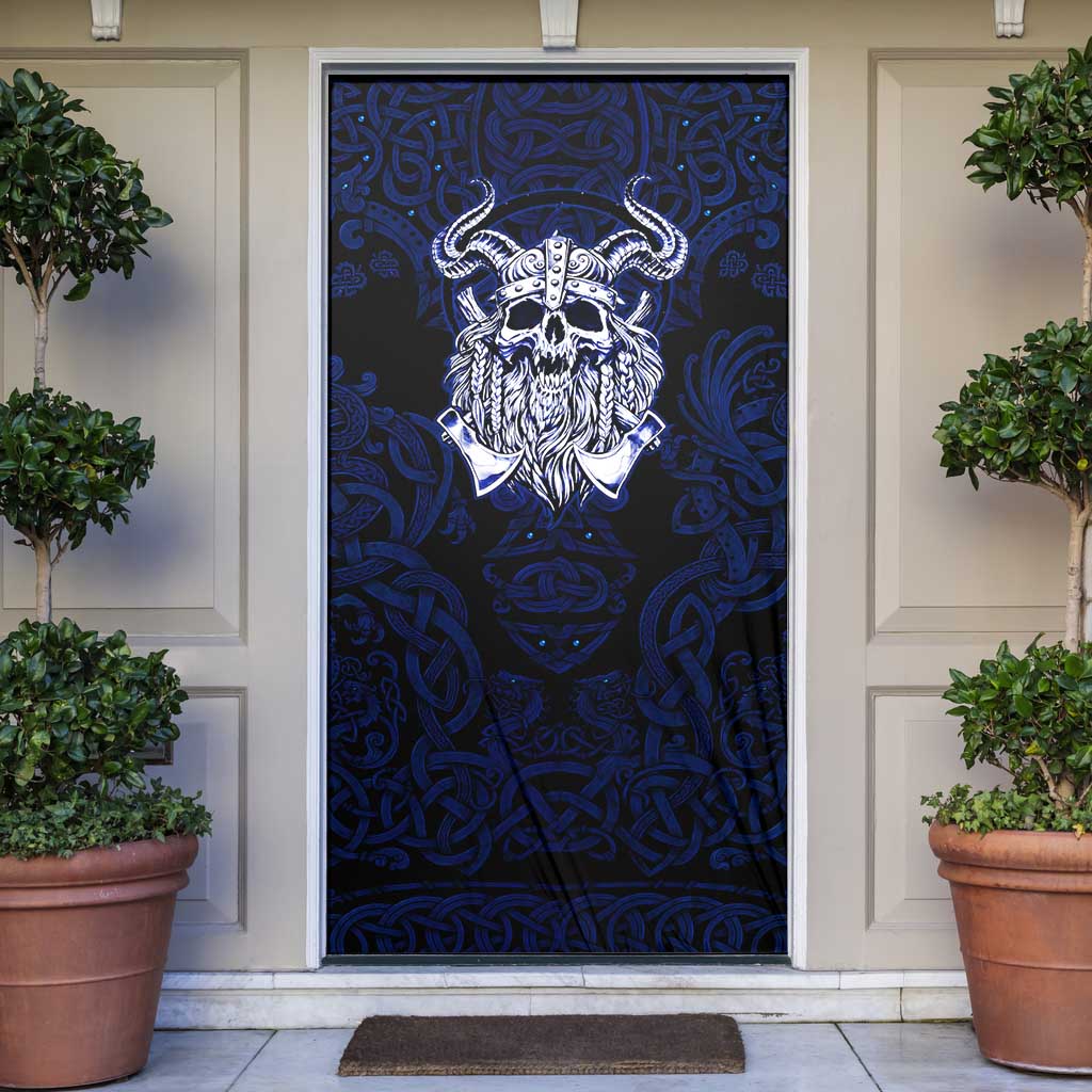 Vikings Skull Door Cover with Horned Helmet, Blue Axes and Runes Norse Warrior Tribute - Wonder Print Shop