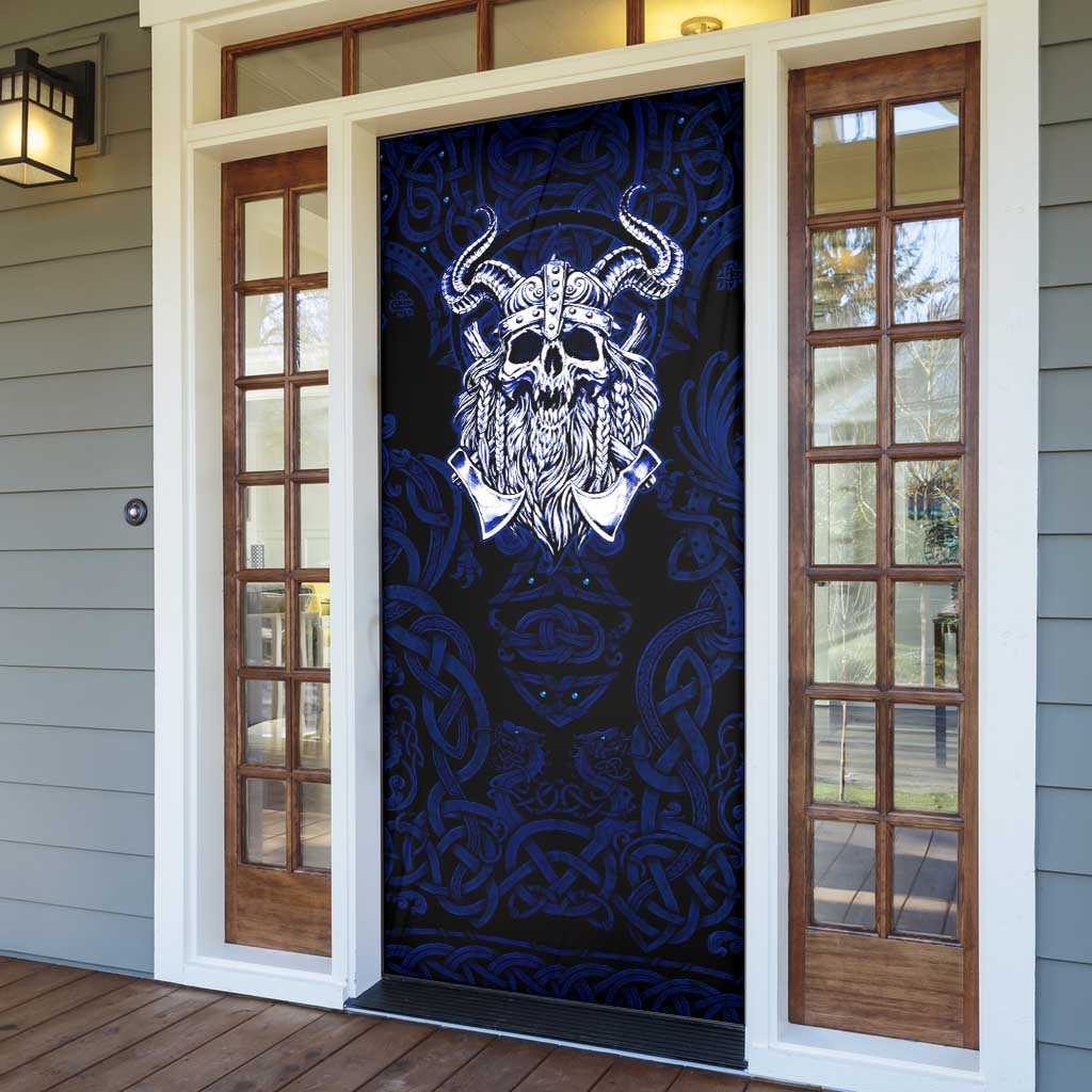 Vikings Skull Door Cover with Horned Helmet, Blue Axes and Runes Norse Warrior Tribute - Wonder Print Shop