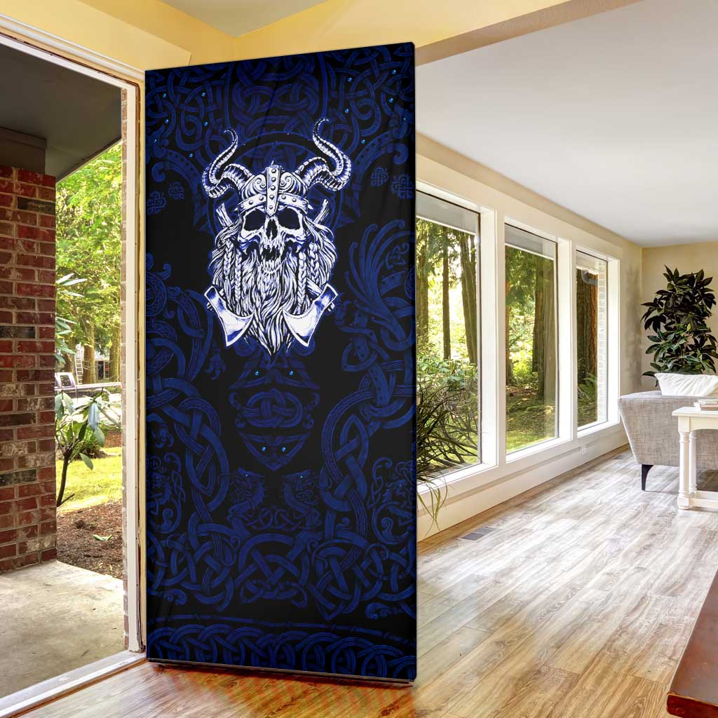 Vikings Skull Door Cover with Horned Helmet, Blue Axes and Runes Norse Warrior Tribute - Wonder Print Shop