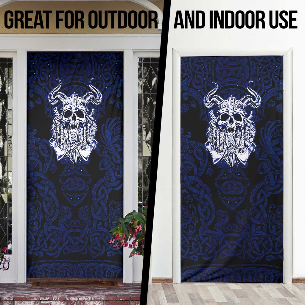 Vikings Skull Door Cover with Horned Helmet, Blue Axes and Runes Norse Warrior Tribute - Wonder Print Shop
