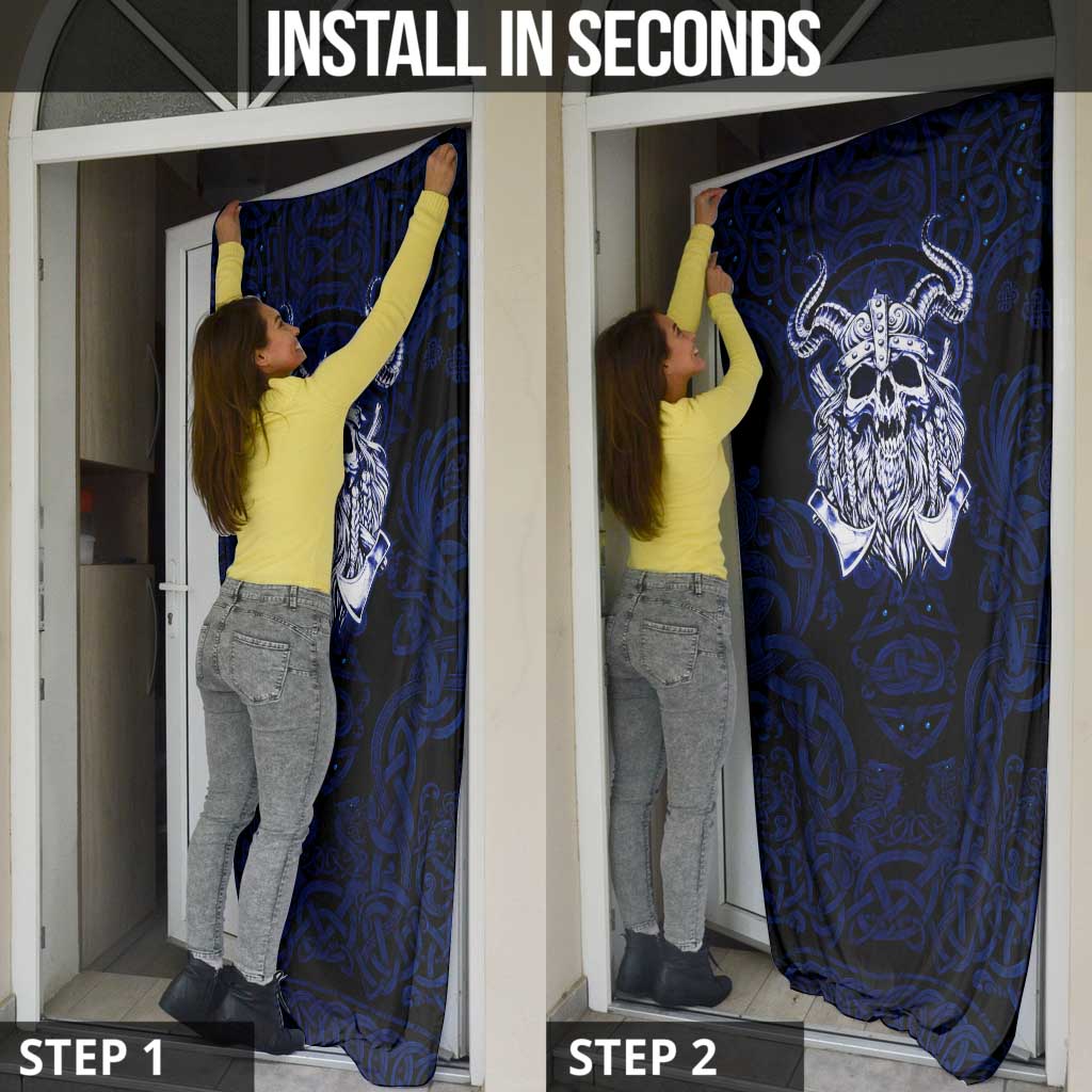 Vikings Skull Door Cover with Horned Helmet, Blue Axes and Runes Norse Warrior Tribute - Wonder Print Shop