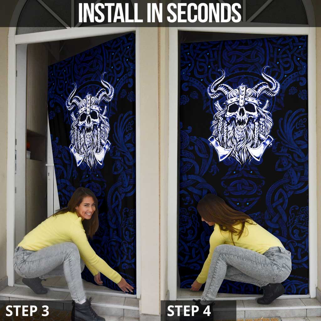 Vikings Skull Door Cover with Horned Helmet, Blue Axes and Runes Norse Warrior Tribute - Wonder Print Shop