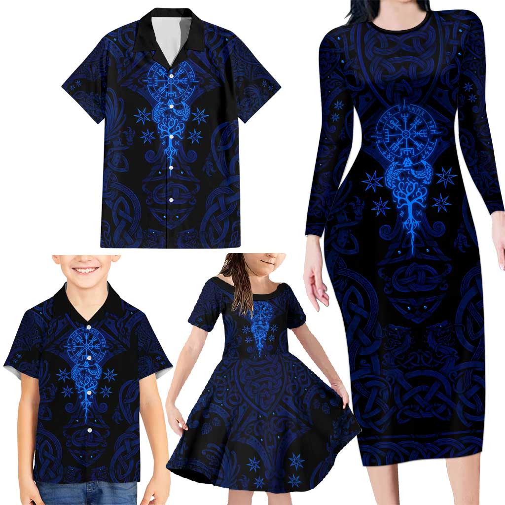 Vikings Skull Family Matching Long Sleeve Bodycon Dress and Hawaiian Shirt with Horned Helmet, Blue Axes and Runes Norse Warrior Tribute - Wonder Print Shop