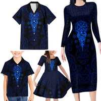 Vikings Skull Family Matching Long Sleeve Bodycon Dress and Hawaiian Shirt with Horned Helmet, Blue Axes and Runes Norse Warrior Tribute - Wonder Print Shop