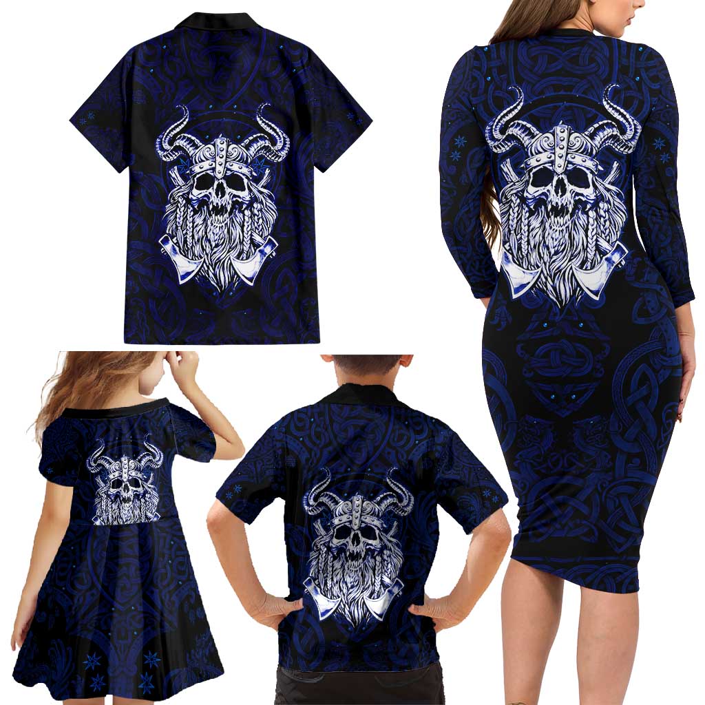 Vikings Skull Family Matching Long Sleeve Bodycon Dress and Hawaiian Shirt with Horned Helmet, Blue Axes and Runes Norse Warrior Tribute - Wonder Print Shop