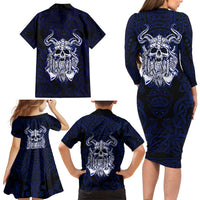 Vikings Skull Family Matching Long Sleeve Bodycon Dress and Hawaiian Shirt with Horned Helmet, Blue Axes and Runes Norse Warrior Tribute - Wonder Print Shop