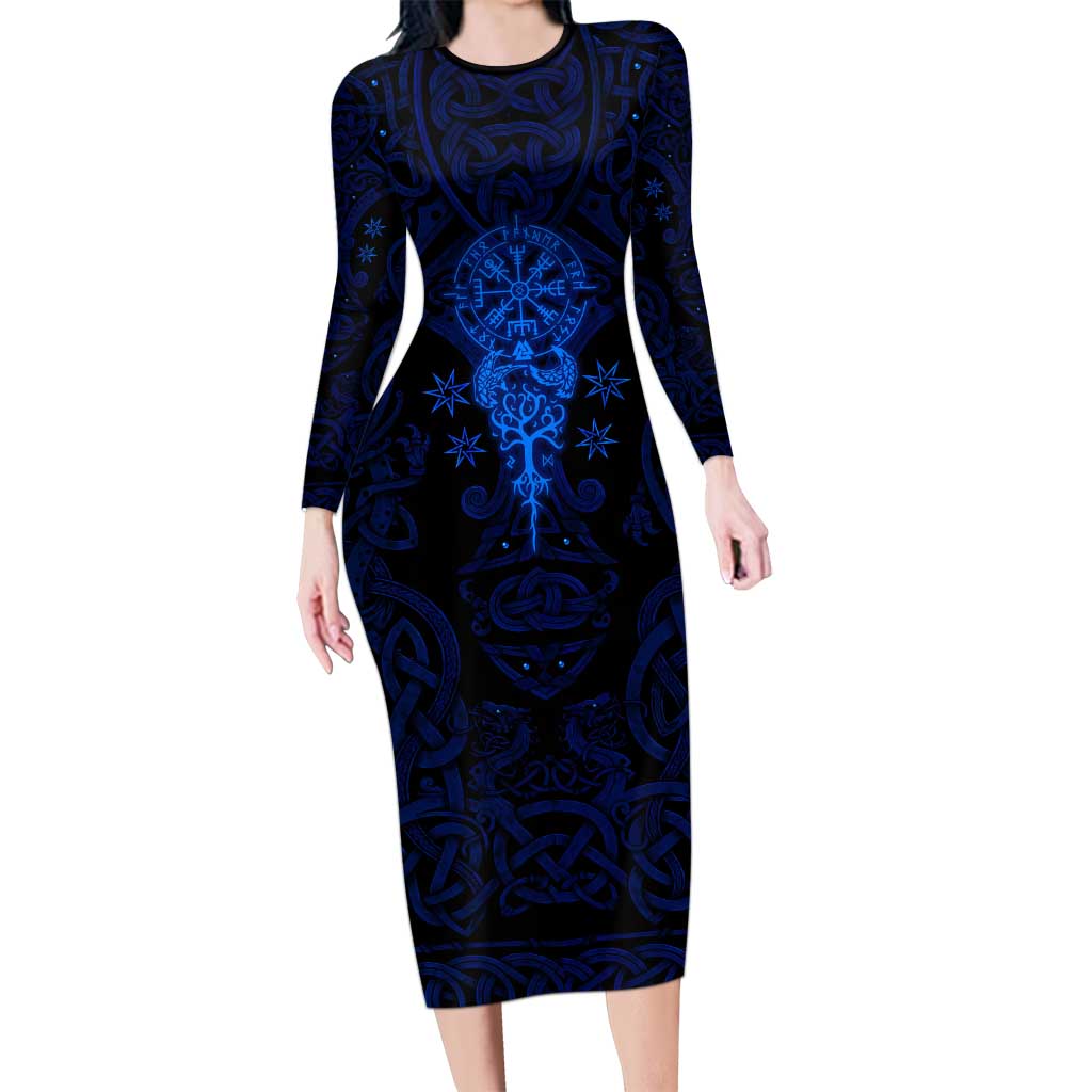 Vikings Skull Family Matching Long Sleeve Bodycon Dress and Hawaiian Shirt with Horned Helmet, Blue Axes and Runes Norse Warrior Tribute - Wonder Print Shop