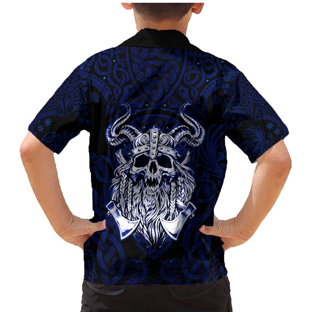 Vikings Skull Family Matching Mermaid Dress and Hawaiian Shirt with Horned Helmet, Blue Axes and Runes Norse Warrior Tribute - Wonder Print Shop
