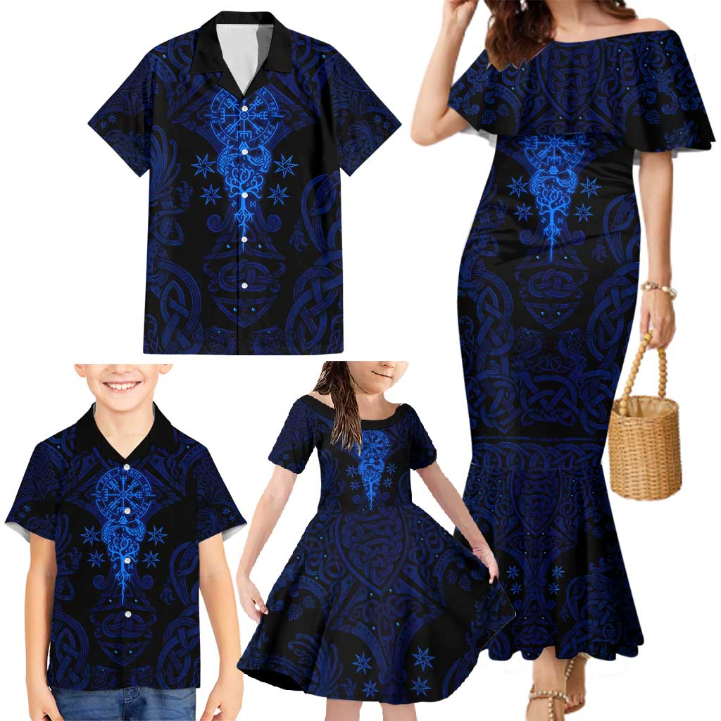 Vikings Skull Family Matching Mermaid Dress and Hawaiian Shirt with Horned Helmet, Blue Axes and Runes Norse Warrior Tribute - Wonder Print Shop