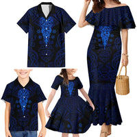 Vikings Skull Family Matching Mermaid Dress and Hawaiian Shirt with Horned Helmet, Blue Axes and Runes Norse Warrior Tribute - Wonder Print Shop