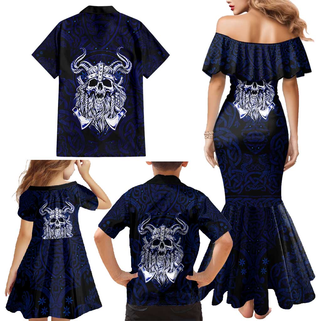 Vikings Skull Family Matching Mermaid Dress and Hawaiian Shirt with Horned Helmet, Blue Axes and Runes Norse Warrior Tribute - Wonder Print Shop