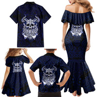 Vikings Skull Family Matching Mermaid Dress and Hawaiian Shirt with Horned Helmet, Blue Axes and Runes Norse Warrior Tribute - Wonder Print Shop