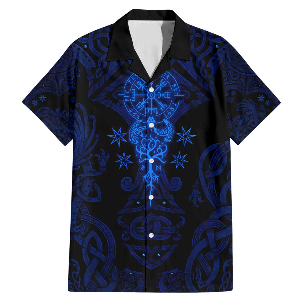 Vikings Skull Family Matching Mermaid Dress and Hawaiian Shirt with Horned Helmet, Blue Axes and Runes Norse Warrior Tribute - Wonder Print Shop